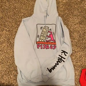 Keith hating baby blue sweatshirt